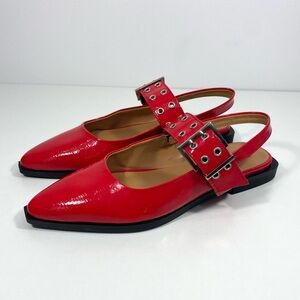 Steve Madden Smokee Red Patent Pointed Toe Silver
Grommets Slingback Flats 8